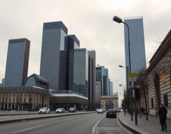 Paris La Défense business district under overcast sky, symbolizing economic stagnation