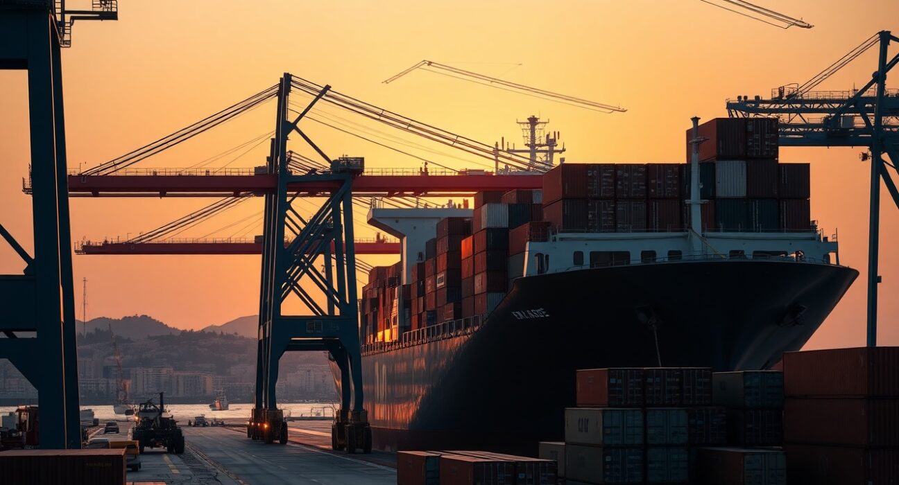 Container ship being loaded at the Port of Marseille-Fos, France, representing the country's June export activity.