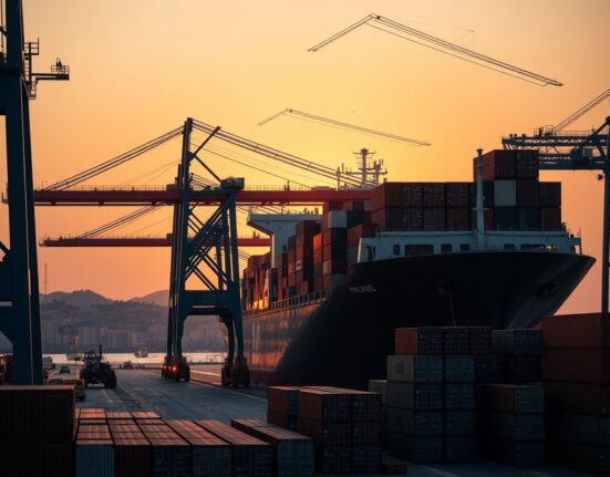 Container ship being loaded at the Port of Marseille-Fos, France, representing the country's June export activity.