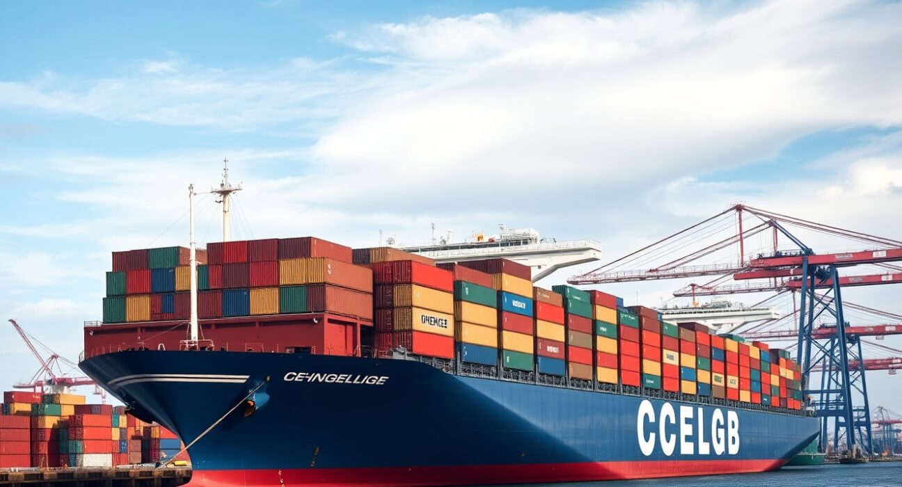 Cargo ship at a French port with containers under cloudy sky, representing trade activity.
