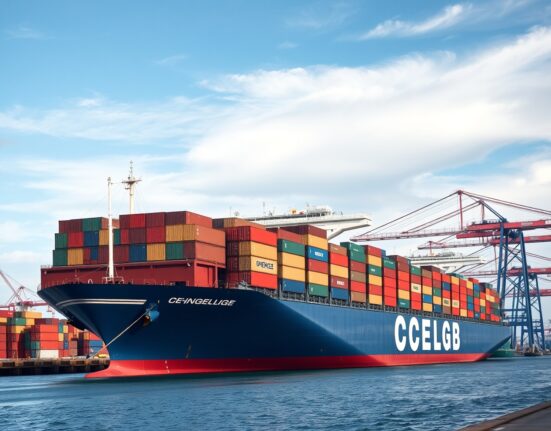 Cargo ship at a French port with containers under cloudy sky, representing trade activity.