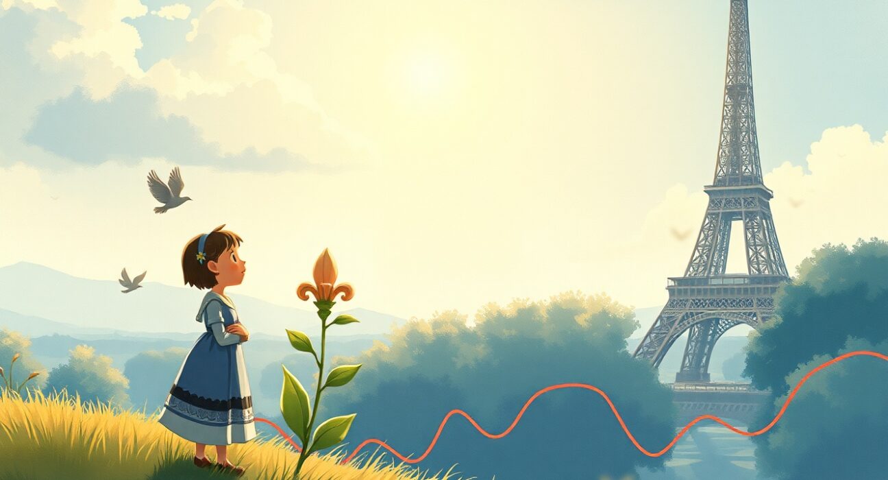 Symbolic Ghibli-style illustration of France's softening economic growth and business climate analysis.
