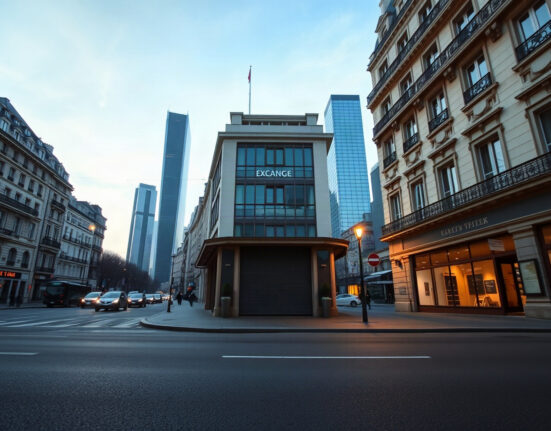Paris financial district with La Défense towers in the background under a subdued morning sky, representing economic contraction.