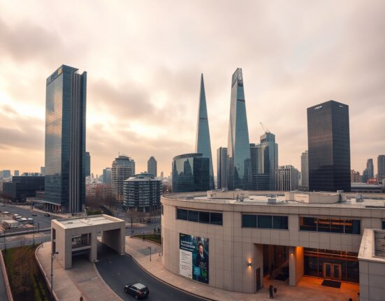 View of La Défense business district in Paris, France, with modern office towers under a cloudy sky.