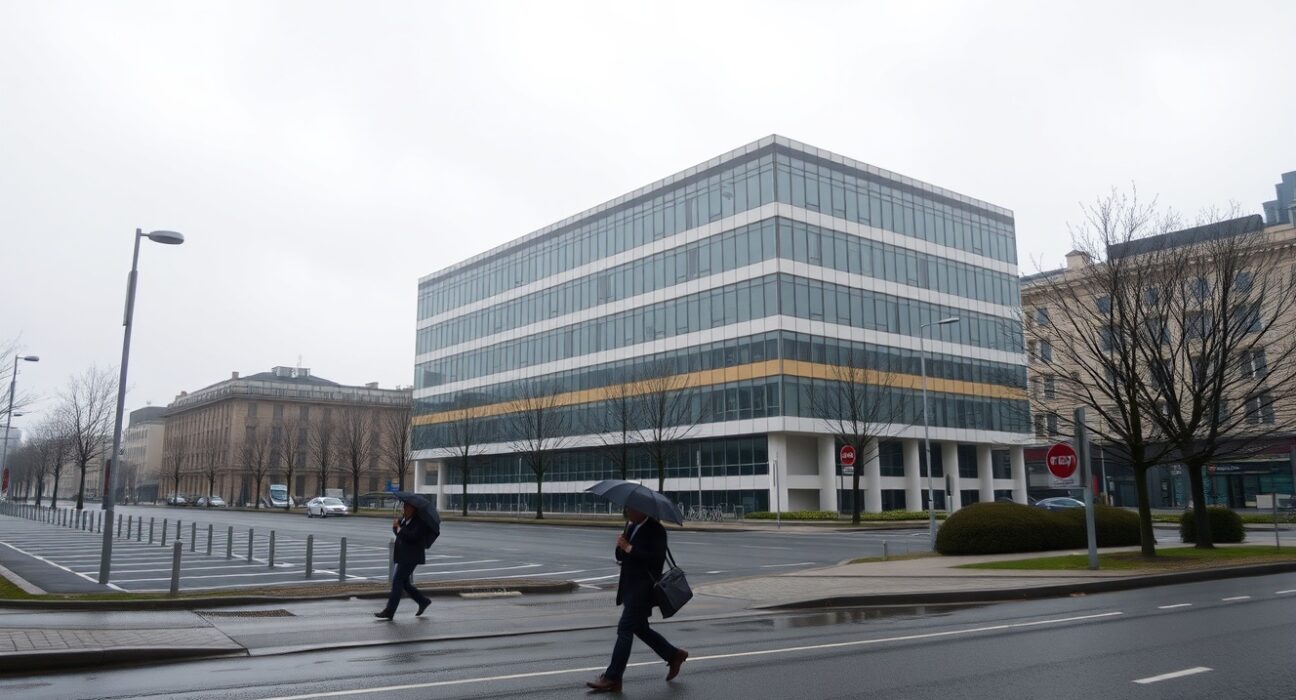 Overcast view of a business district in Paris with few pedestrians, representing slowing economic activity in France.