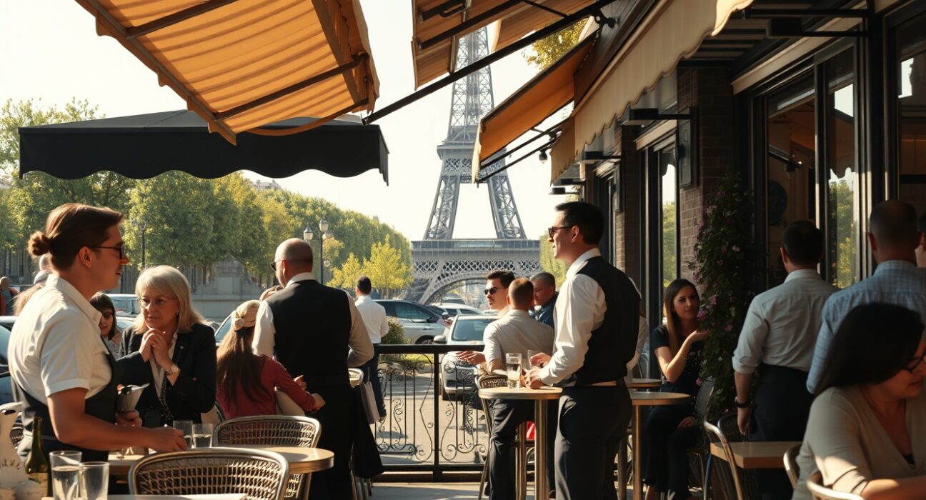 Waiters serving customers at a Parisian cafe, symbolizing France's services sector activity