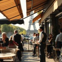 Waiters serving customers at a Parisian cafe, symbolizing France's services sector activity