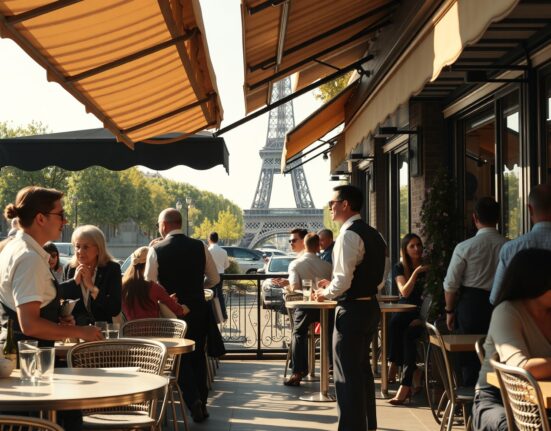 Waiters serving customers at a Parisian cafe, symbolizing France's services sector activity