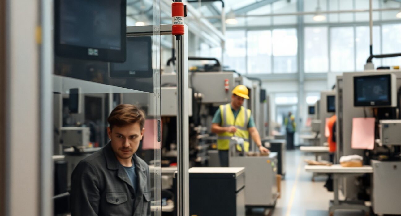French factory floor with automated machinery and worker, representing industrial output data