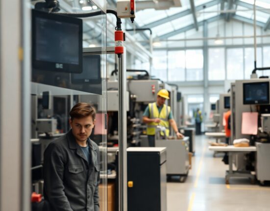 French factory floor with automated machinery and worker, representing industrial output data