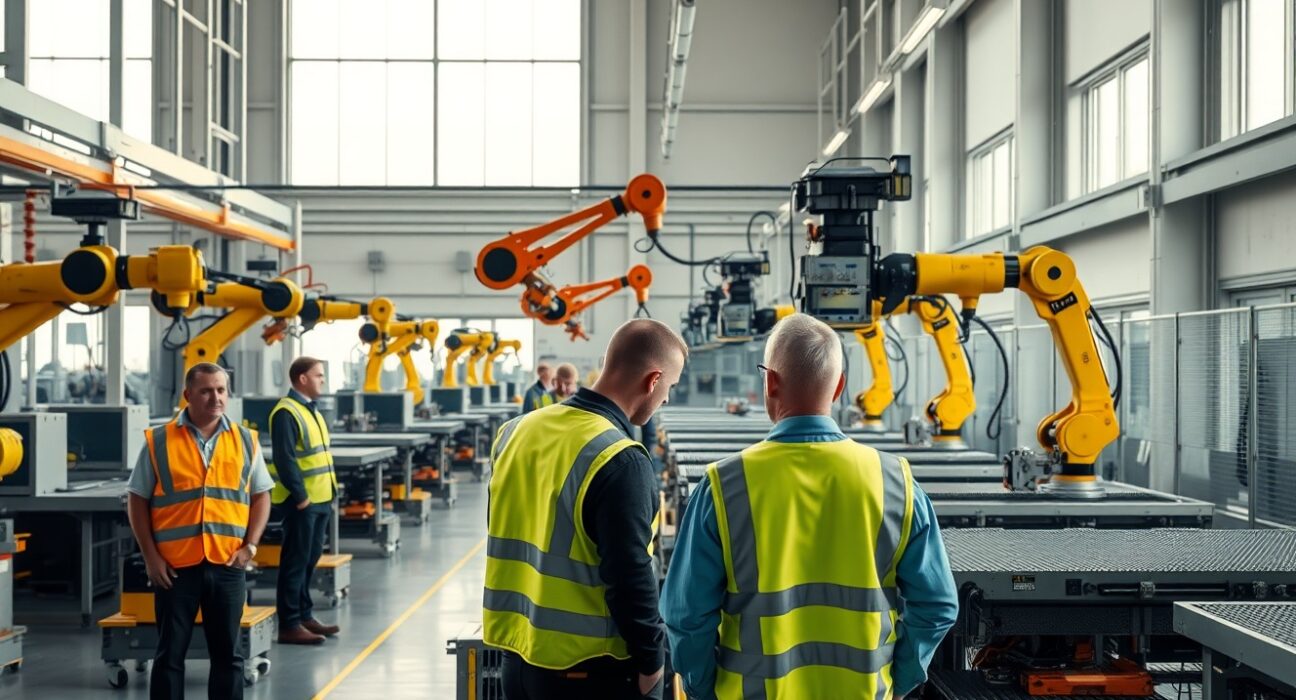 Interior of a French industrial manufacturing facility with workers and robotic machinery