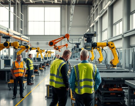 Interior of a French industrial manufacturing facility with workers and robotic machinery