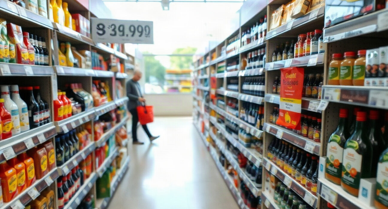 Shopper checking price tags in a French supermarket, illustrating inflation data