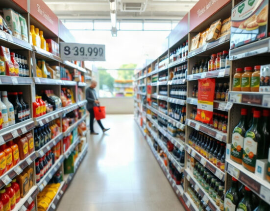 Shopper checking price tags in a French supermarket, illustrating inflation data