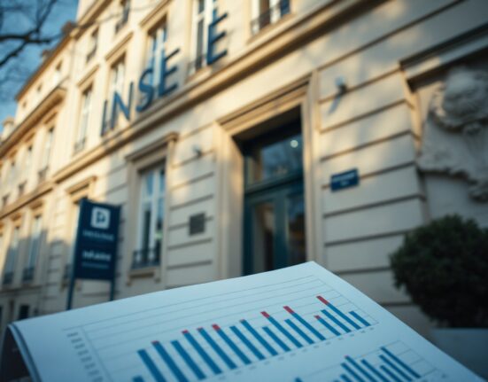 INSEE headquarters in Paris, with an inflation report in the foreground