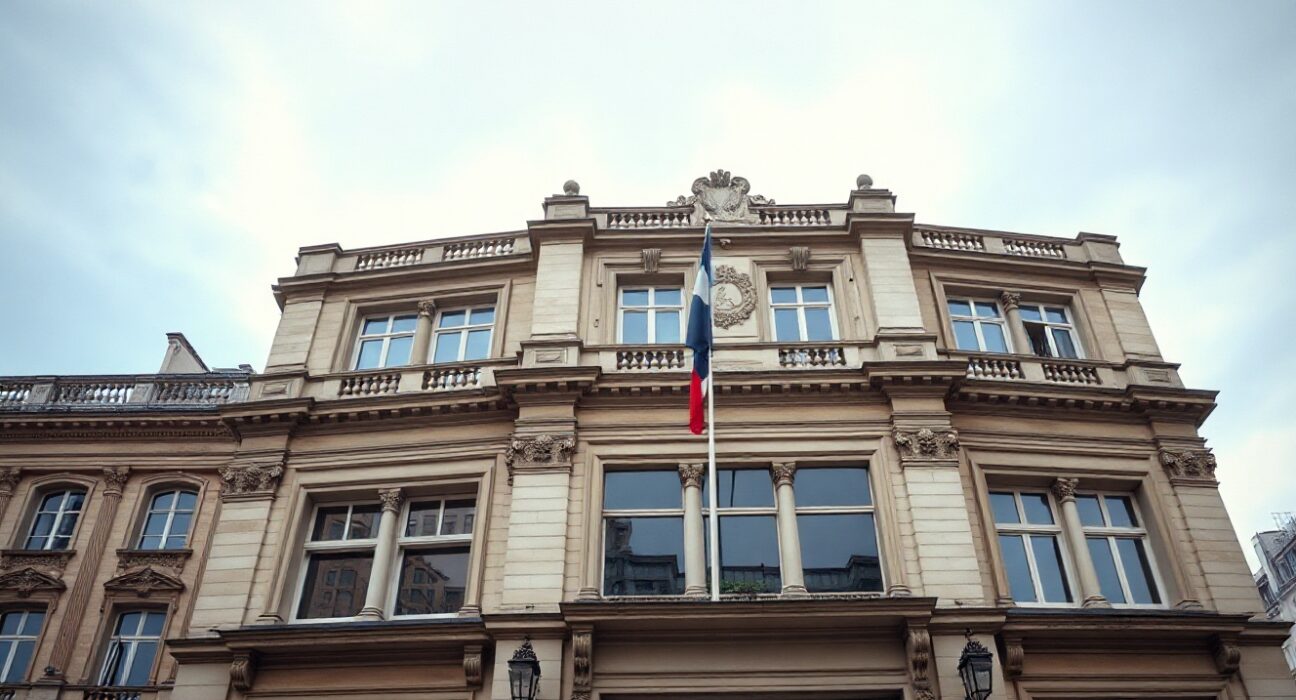 Exterior of the Banque de France headquarters in Paris on a cloudy day.
