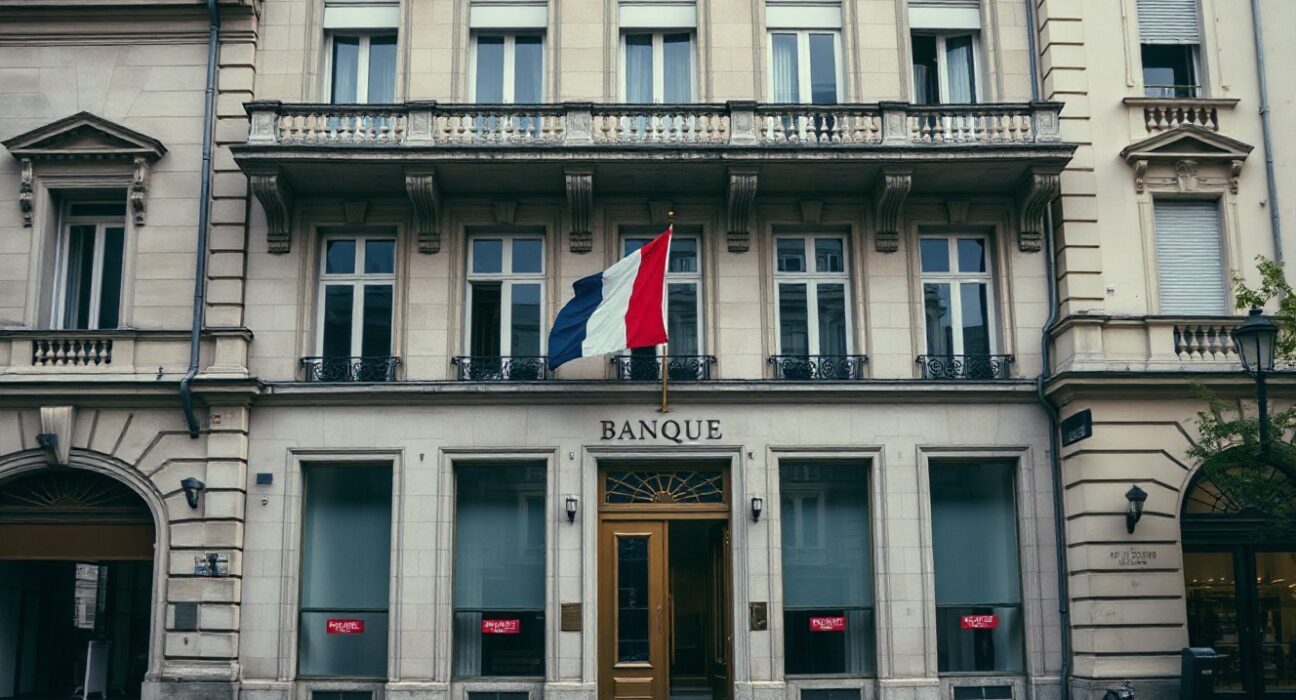 Banque de France building in Paris on a cloudy day, representing France's inflation report