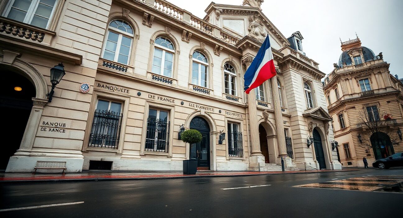 Banque de France building in Paris on a cloudy day, representing France's inflation data release.