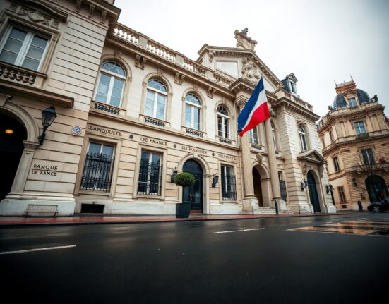 Banque de France building in Paris on a cloudy day, representing France's inflation data release.