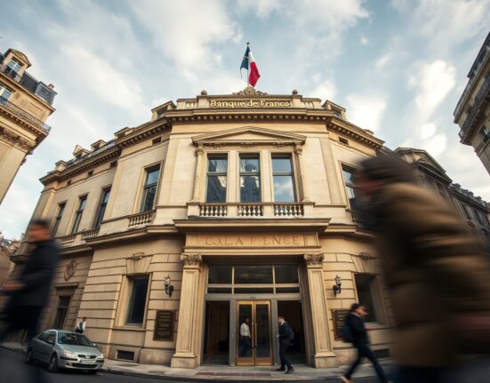 Banque de France building in Paris, representing French economic policy and inflation data.