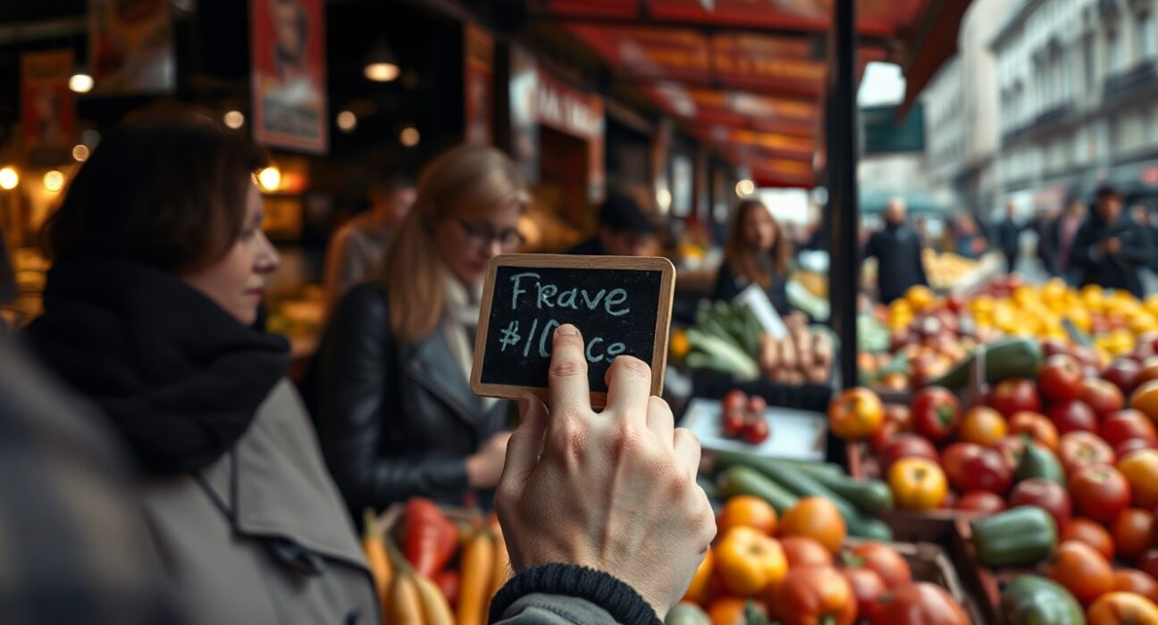 Shoppers at a French outdoor market looking at produce prices, representing consumer inflation.