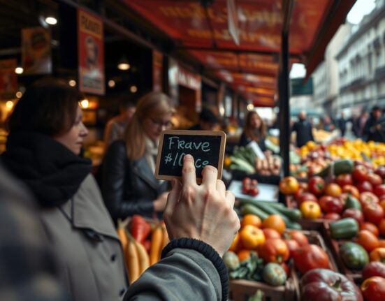 Shoppers at a French outdoor market looking at produce prices, representing consumer inflation.