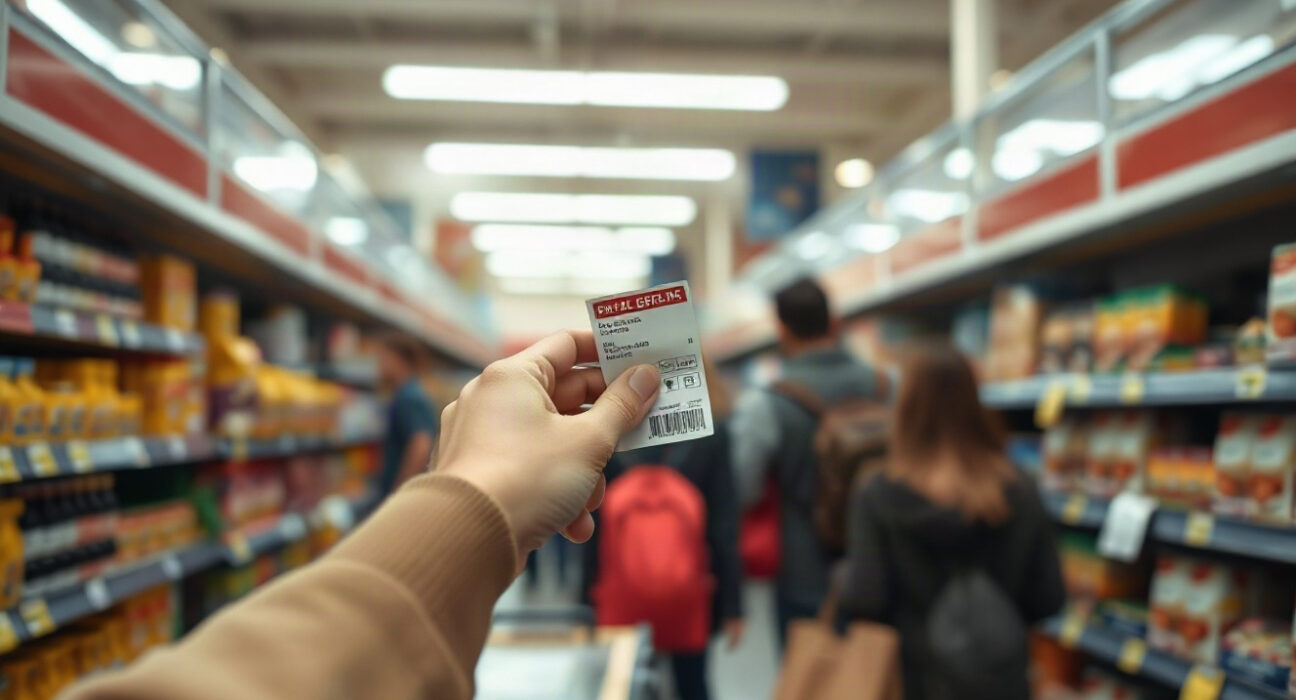Shopper in a French supermarket looking at price tags on shelves