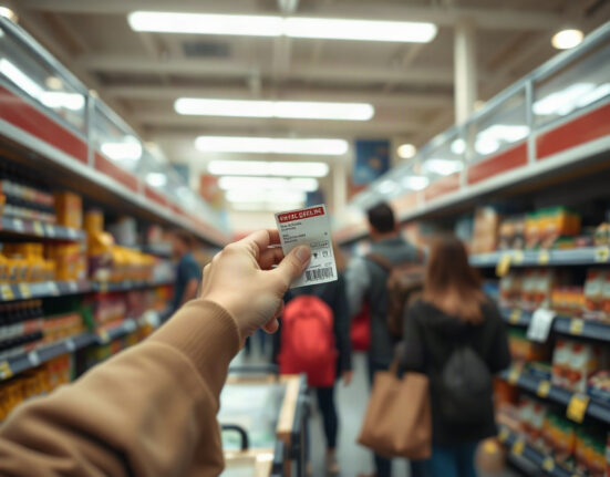 Shopper in a French supermarket looking at price tags on shelves