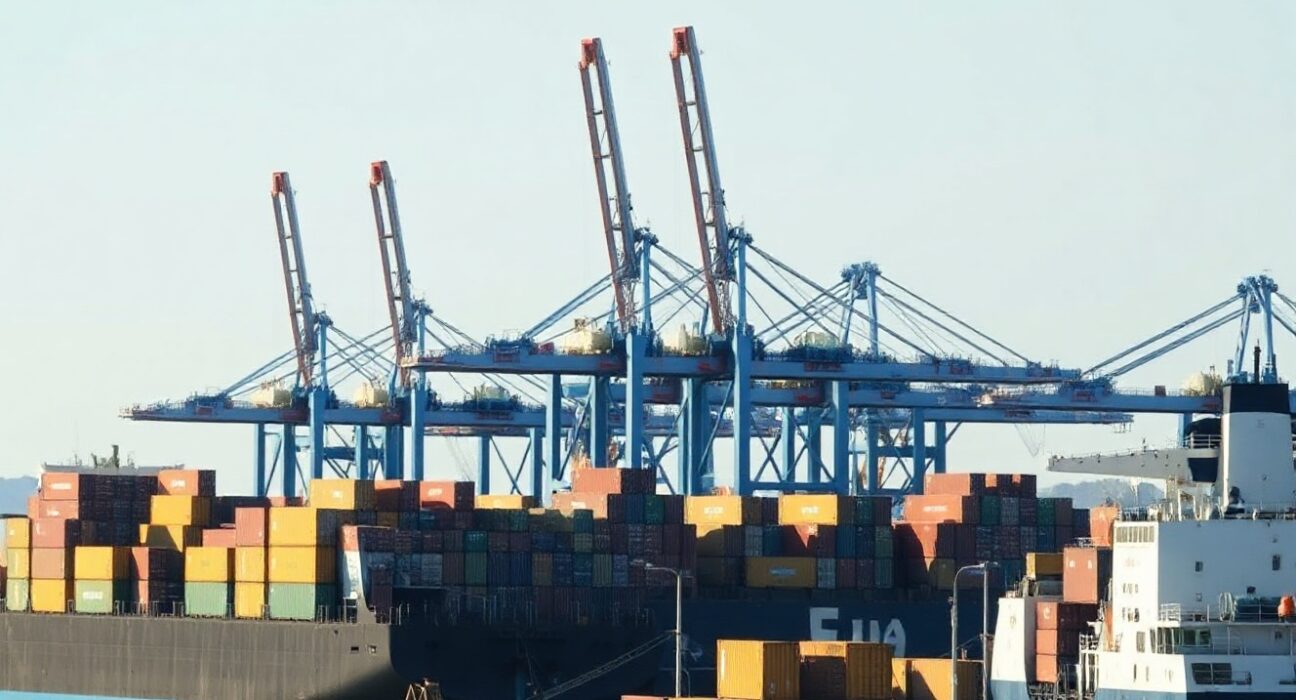 Cargo containers at a French port, representing import activity.