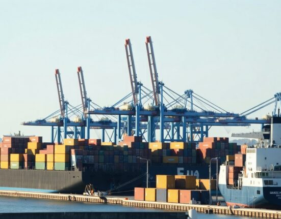 Cargo containers at a French port, representing import activity.