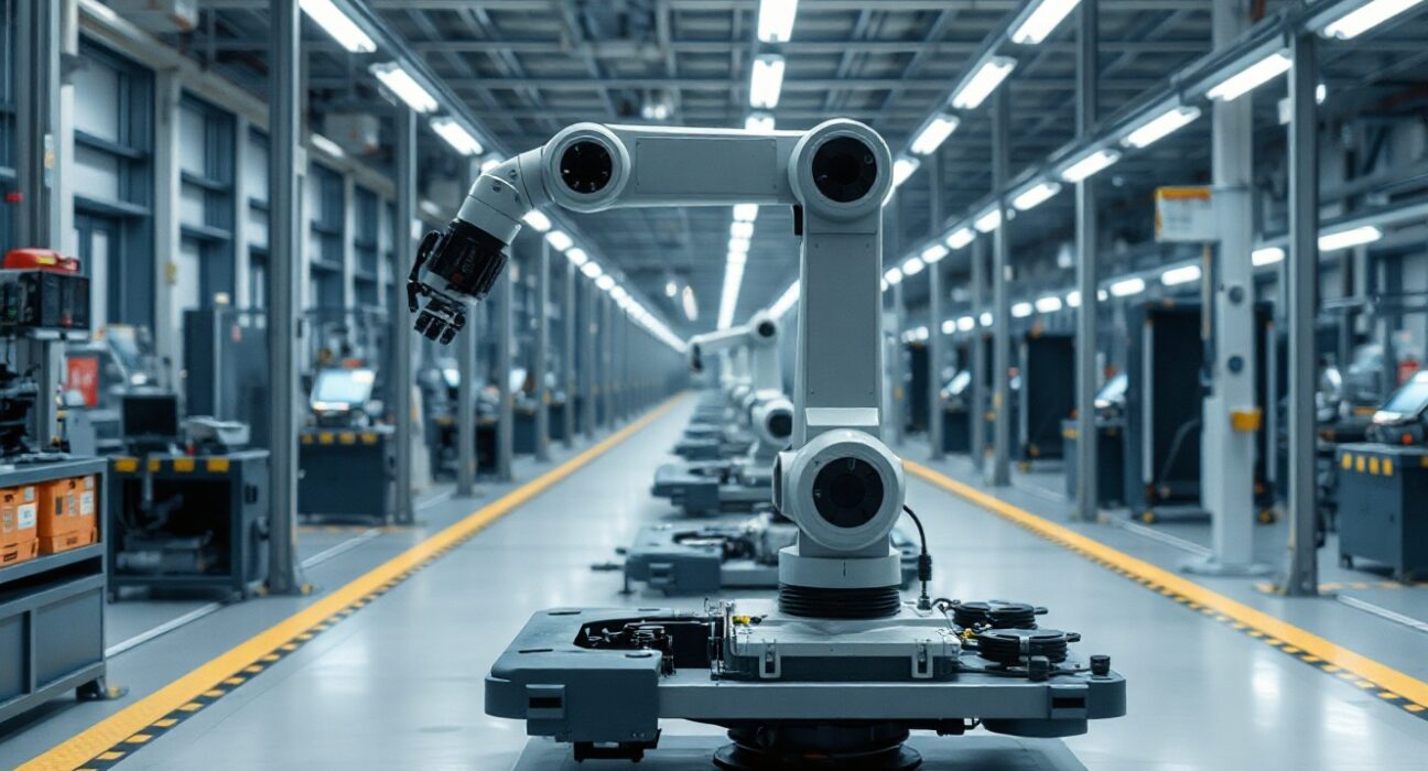 A robotic arm works on a car assembly line in a French factory, reflecting manufacturing activity.