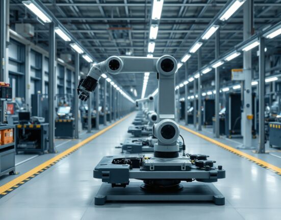 A robotic arm works on a car assembly line in a French factory, reflecting manufacturing activity.