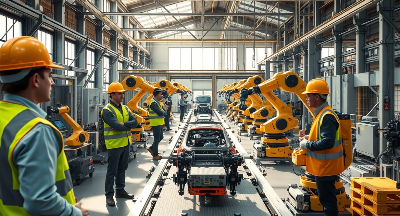 Factory workers and robotic arms on a modern production line in France, illustrating the manufacturing sector's activity.