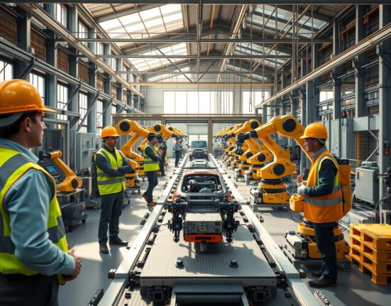 Factory workers and robotic arms on a modern production line in France, illustrating the manufacturing sector's activity.