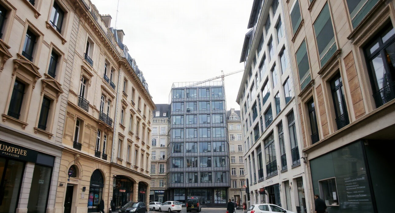 A view of a French business district with office buildings and pedestrians, symbolizing the labor market.