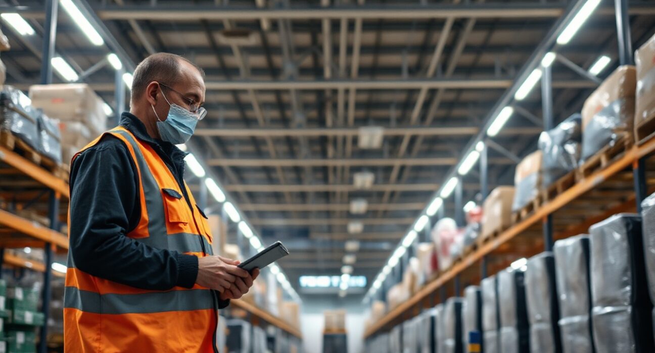 Worker in a French industrial warehouse checking inventory on a tablet