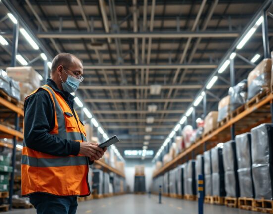 Worker in a French industrial warehouse checking inventory on a tablet