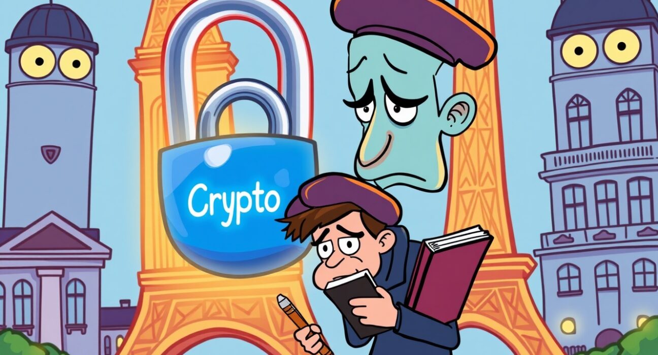 Cartoon illustrating the tension between self-custodied crypto assets and government oversight in a vibrant French setting.
