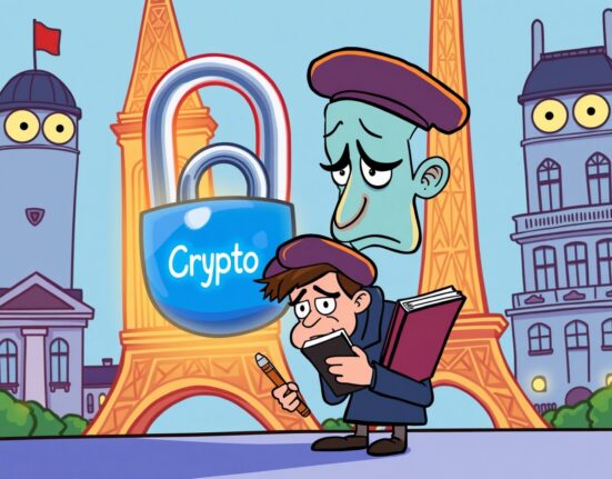 Cartoon illustrating the tension between self-custodied crypto assets and government oversight in a vibrant French setting.