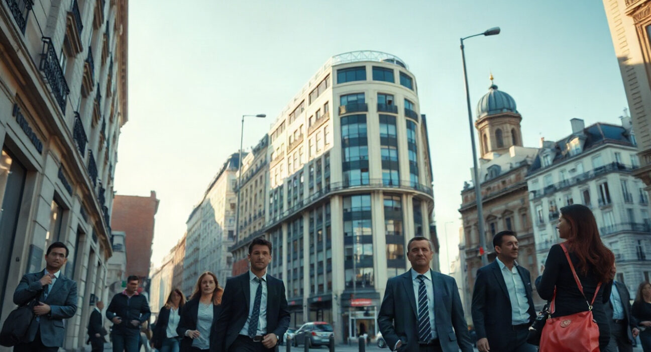 Business people walking in a Paris business district, representing France's services sector activity.