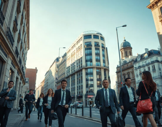 Business people walking in a Paris business district, representing France's services sector activity.