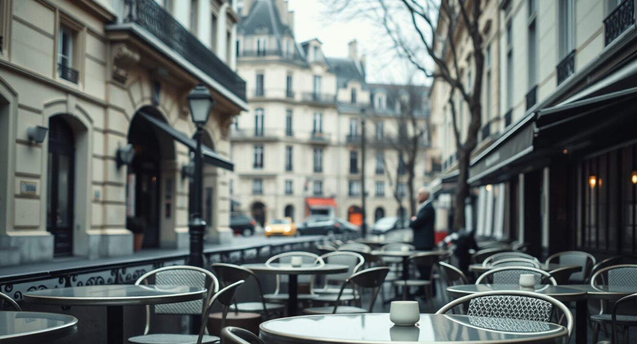 Empty café terrace in Paris reflecting slowdown in France's services sector in June.