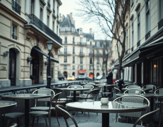 Empty café terrace in Paris reflecting slowdown in France's services sector in June.