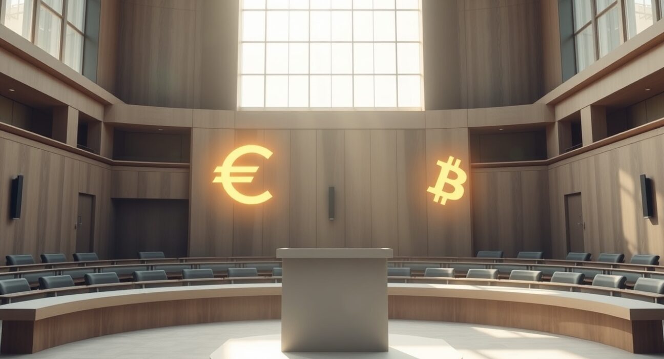 Empty podium in a modern French legislative chamber with subtle digital currency symbols, representing stablecoin regulation debate.