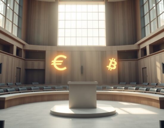 Empty podium in a modern French legislative chamber with subtle digital currency symbols, representing stablecoin regulation debate.