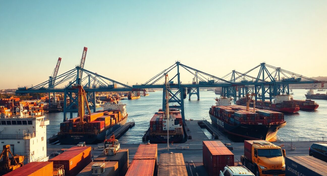 Cargo ships at a French port, symbolizing France's trade activity in June.