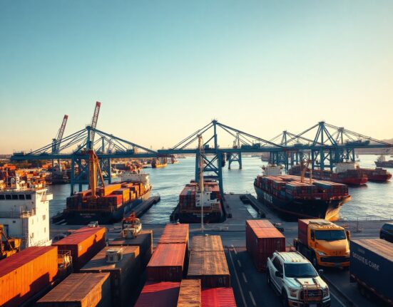 Cargo ships at a French port, symbolizing France's trade activity in June.