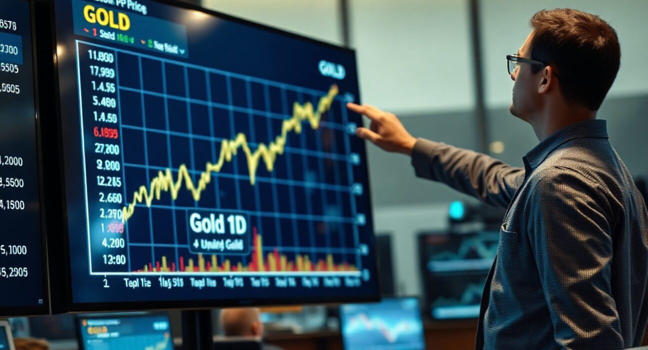 Financial analyst pointing to a rising gold price chart on a screen