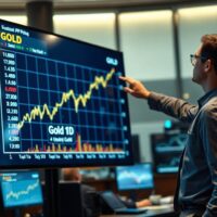 Financial analyst pointing to a rising gold price chart on a screen
