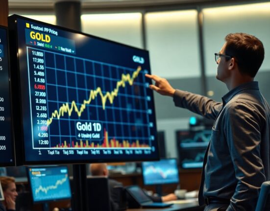 Financial analyst pointing to a rising gold price chart on a screen